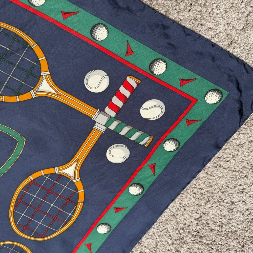 Vintage Burberry 100% Silk Scarf Tennis Golf Sports Navy Blue Square 34